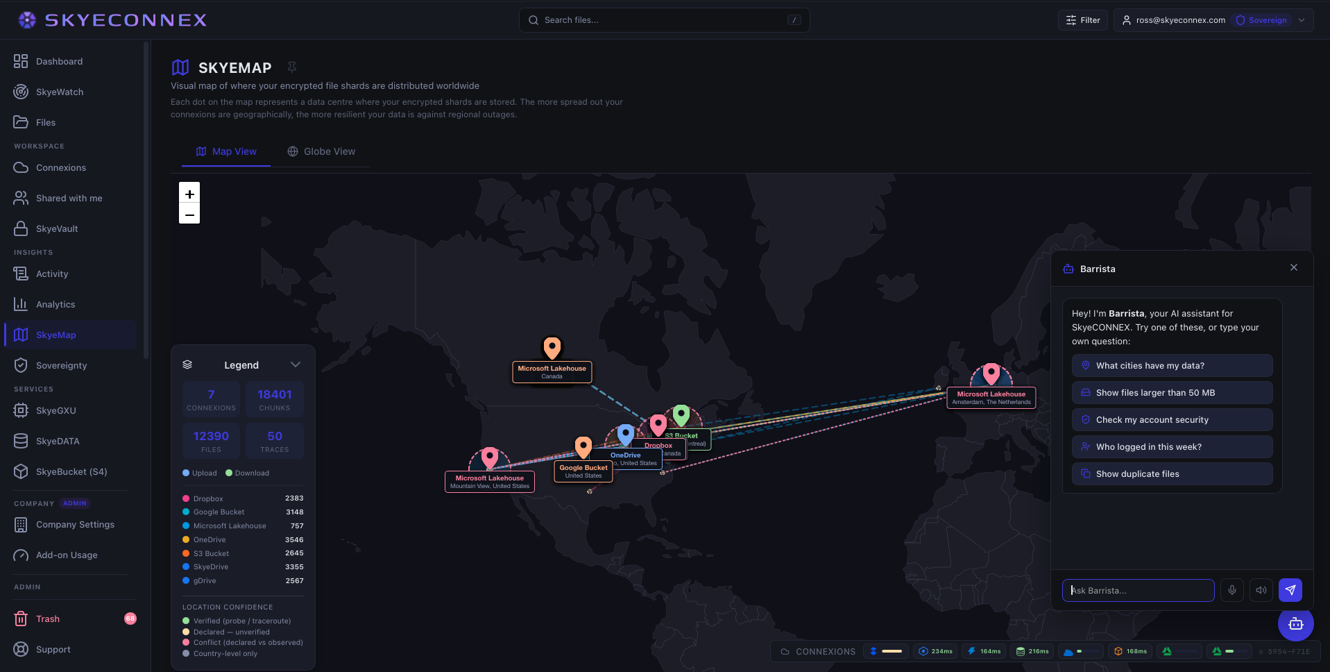 SkyeMap in the SkyeConnex app: a world map showing where a customer&rsquo;s encrypted shards are stored across seven connexions, with per-provider shard counts and a location-confidence legend distinguishing traceroute-verified locations from declared-but-unverified ones.